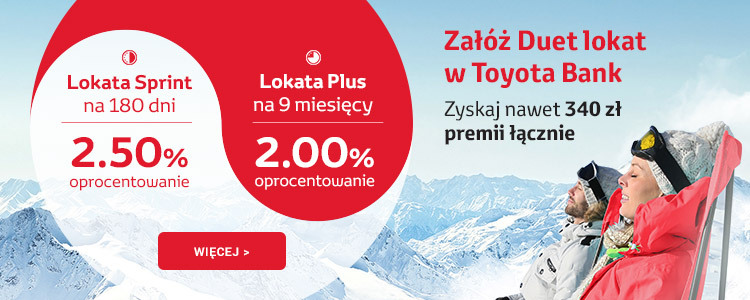 premia 140 zł lub 70 zł za dwie lokaty w Toyota Banku