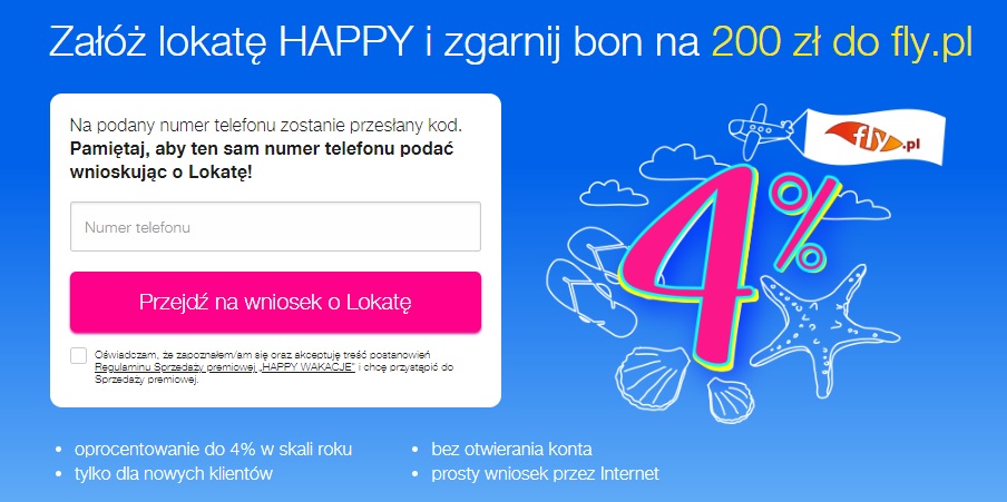 Lokata Hapy z premią 200 zł na fly.pl w Idea Banku