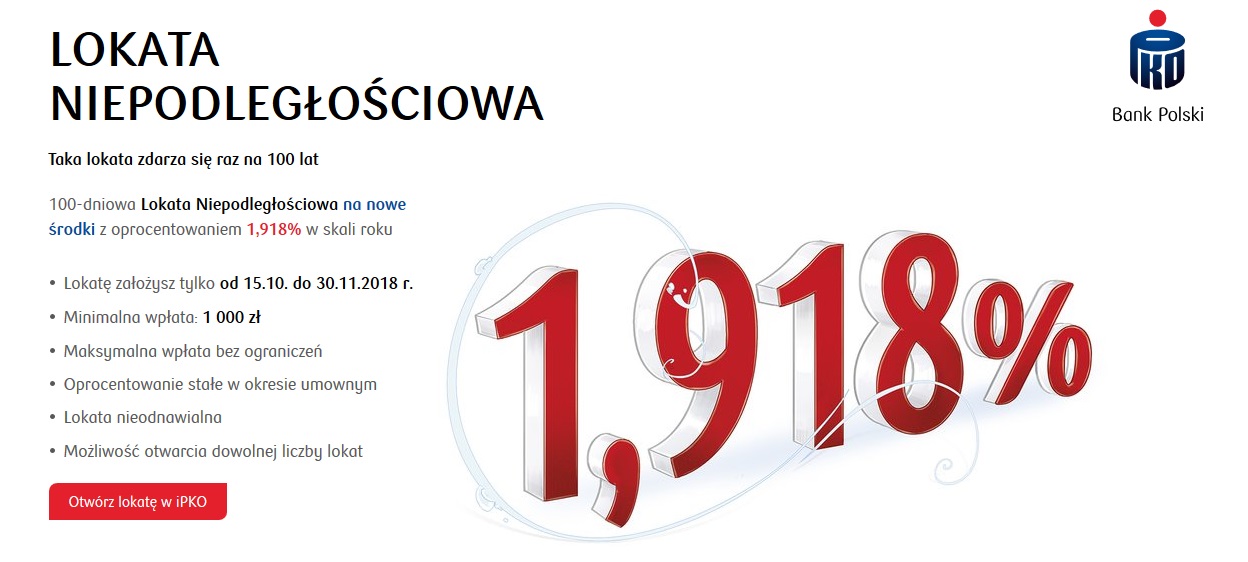 Lokata Niepodległościowa na 100 dni na 1,918% w PKO BP