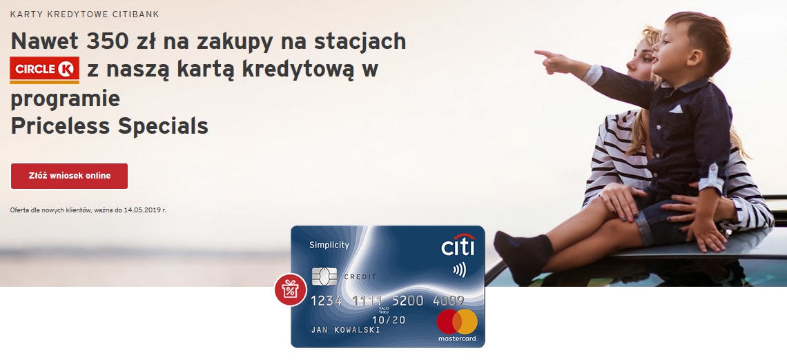 350 zł za kartę kredytową Citibanku Citi Simplicity Priceless Specials