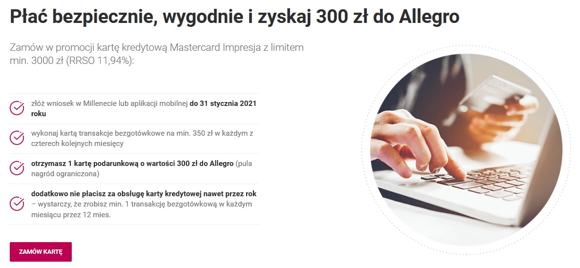 300 zł na Allegro za kartę kredytową w Banku Millennium plus 220 zł dla nowych za konto