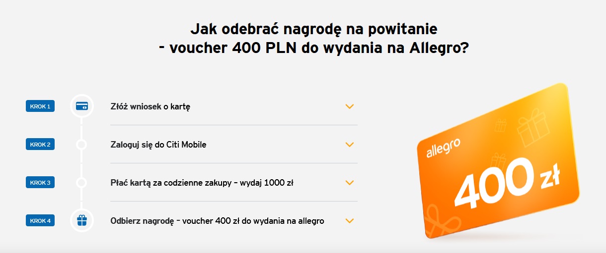 400 zł na Allegro i 100 zł w bonach za kartę kredytową w Citibanku i bonusy za konto