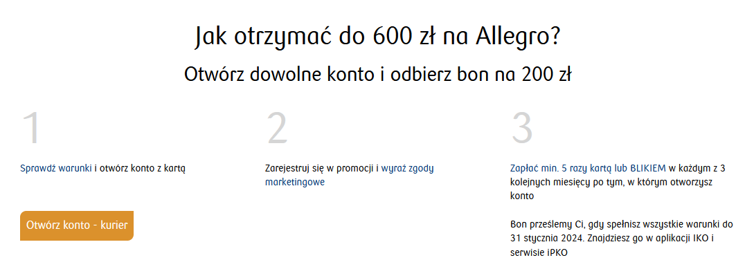 200 zł na Allegro za konto w PKO BP oraz 200 zł lub 400 zł na Allegro za konto dla dziecka lub dwójki dzieci