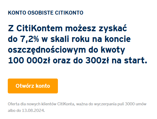 300 zł za konto w Citibanku i Konto oszczędnościowe na 7,20%